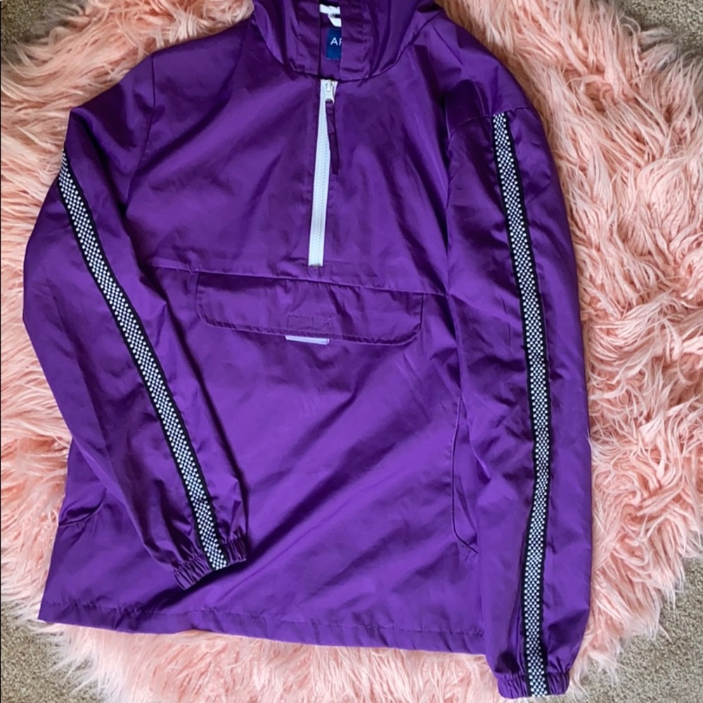 Purple anorak windbreaker with zipper pouch
